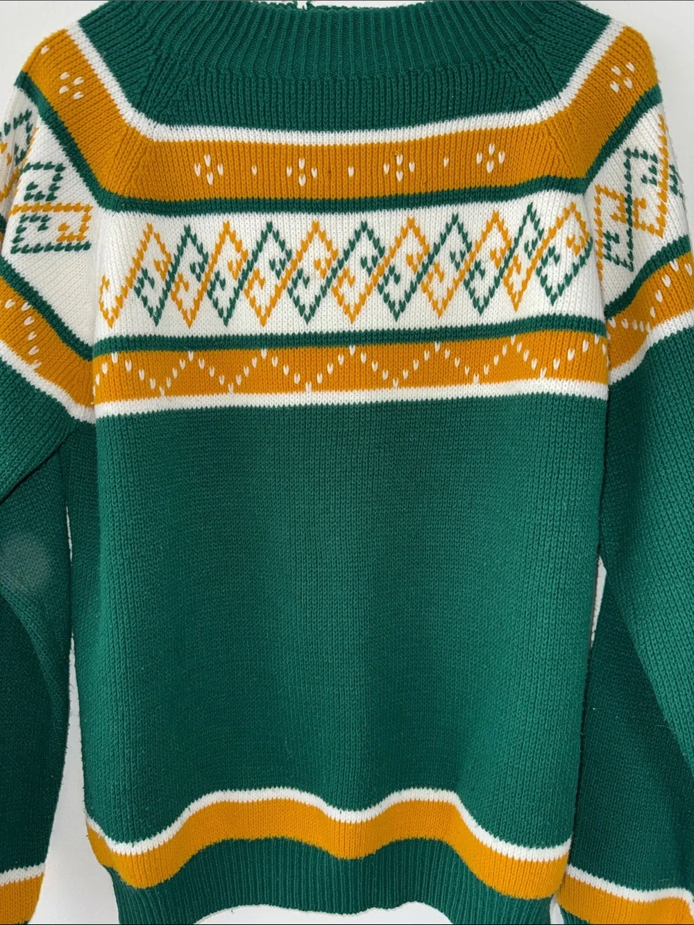 Vintage 1970s Nordic Ski Sweater Green Gold White Geometric Fair Isle Large - Picture 5 of 6